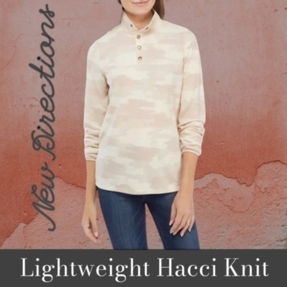 NEW DIRECTIONS Hacci Knit Cozy 1/4-Snap Placket Long Sleeve Pullover Top/LG NWT